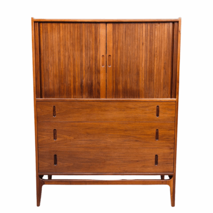 Mid Century Walnut Tambour Door Highboy Dresser by Glenn of California – 1960s Vintage