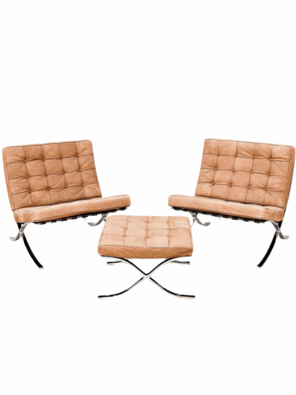 Authentic 1920s Barcelona Lounge Chairs & Ottoman by Mies van der Rohe