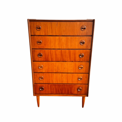 Vintage 1960s Danish Modern Kai Kristiansen Teak Tallboy Dresser – Mid-Century Bow Front Chest