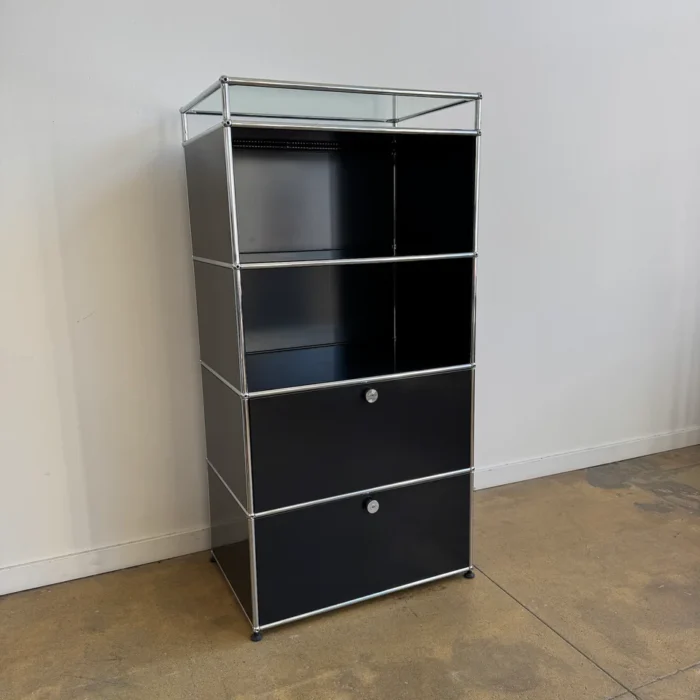 USM Haller 1960s Tall Shelf – Graphite Black – 29″W – 2 Drawers + Glass ...